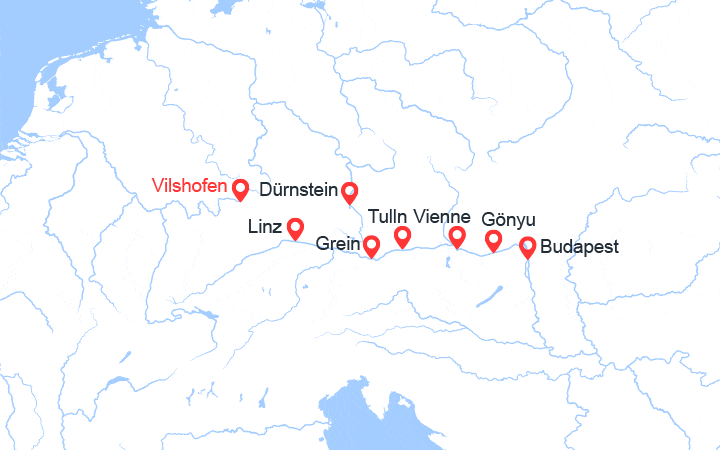 Carte itinéraire croisière Danube : Allemagne, Autriche, Hongrie