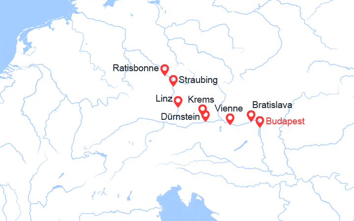 Carte itinéraire croisière Danube : Budapest à Regensburg