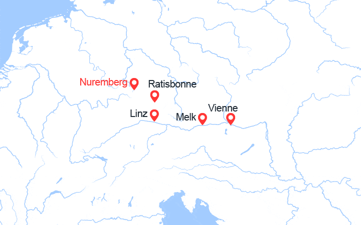 Carte itinéraire croisière Danube : de Nuremberg à Viennes