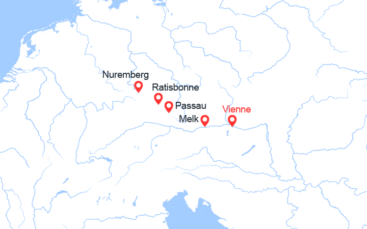 Carte itinéraire croisière Danube : de Vienne à Nuremberg