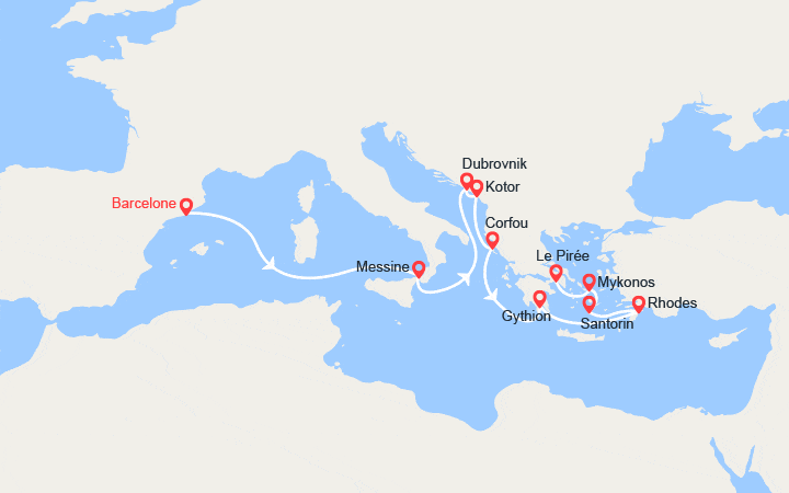 Carte itinéraire croisière De Barcelone à Athènes : Sicile, Croatie, Monténégro, Iles grecques