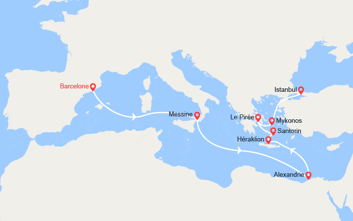 Carte itinéraire croisière De Barcelone à Istanbul : Sicile, Egypte, Iles grecques, Grèce, Turquie