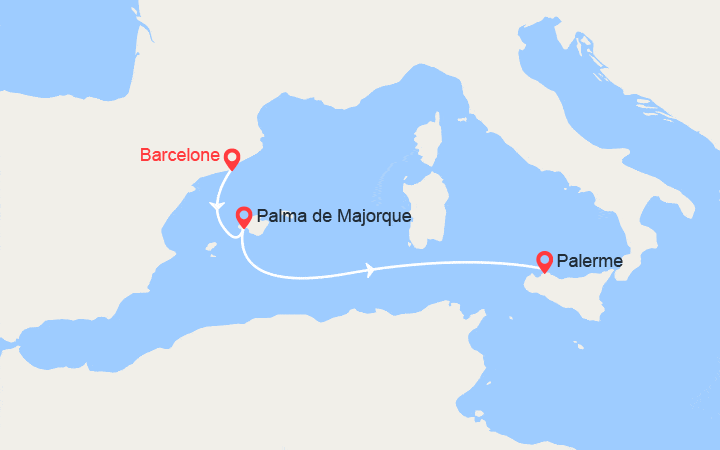 Carte itinéraire croisière De Barcelone à Palerme