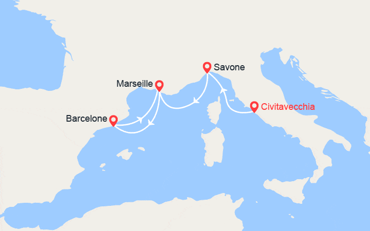 Carte itinéraire croisière De Civitavecchia à Marseille