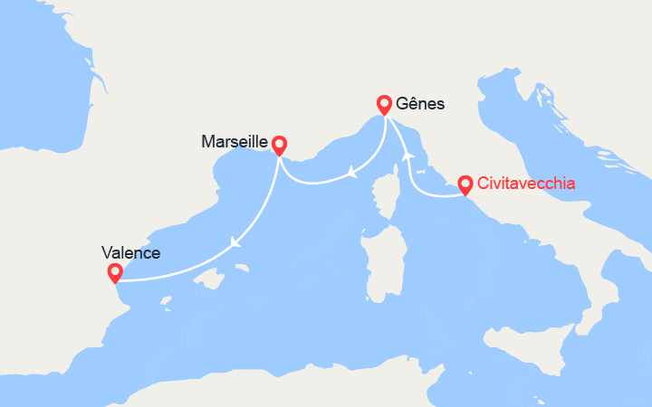 Carte itinéraire croisière De Civitavecchia à Valence