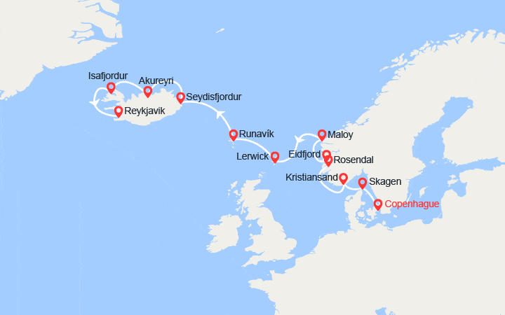 Carte itinéraire croisière De Copenhague à Reykjavik : Fjords de Norvège, Iles Féroé, Islande
