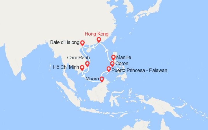 Carte itinéraire croisière De Hong Kong aux Philippines : Hanoï, Baie d’Ha Long, Saïgon, Brunéi