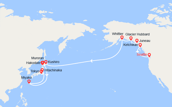 Carte itinéraire croisière De l'Amérique du nord au Japon