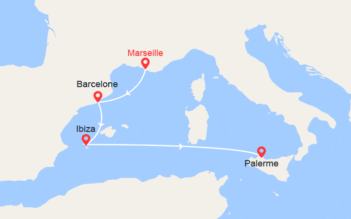 Carte itinéraire croisière De Marseille à Palerme : Espagne, Ibiza, Italie
