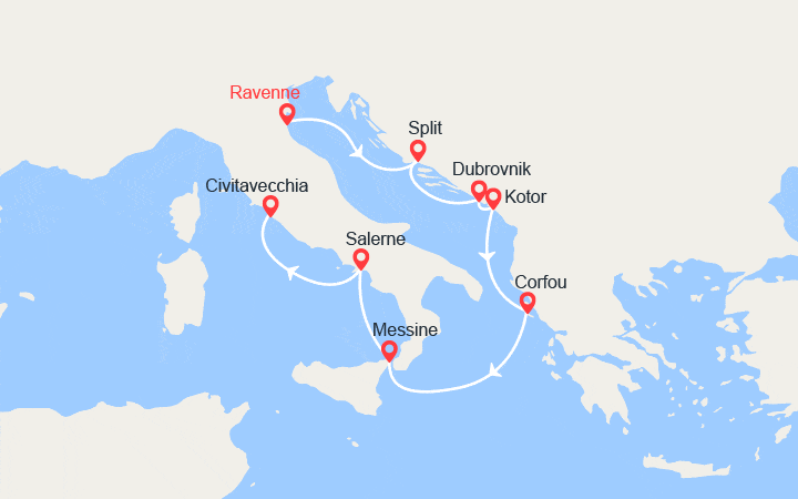 Carte itinéraire croisière De Ravenne à Rome : Croatie, Monténégro, Corfou, Sicile, Italie