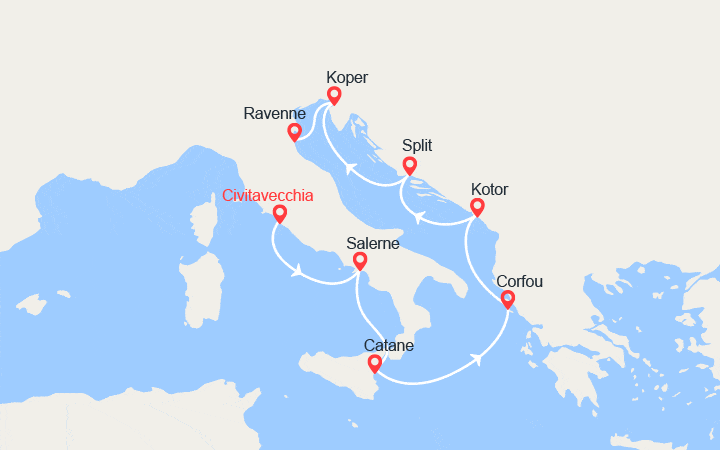 Carte itinéraire croisière De Rome à Ravenne : Italie, Corfou, Monténégro, Croatie
