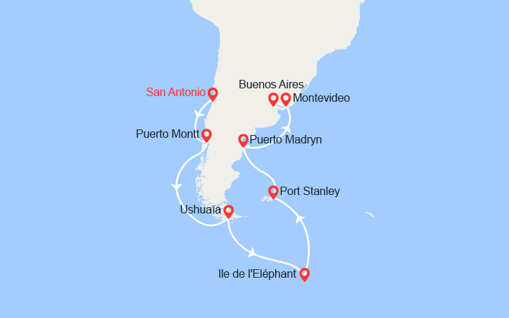 Carte itinéraire croisière De San Antonio à Buenos Aires