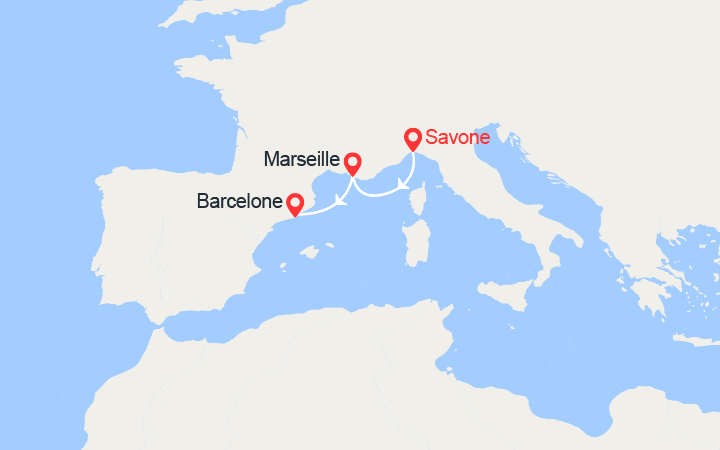 Carte itinéraire croisière De Savone à Barcelone