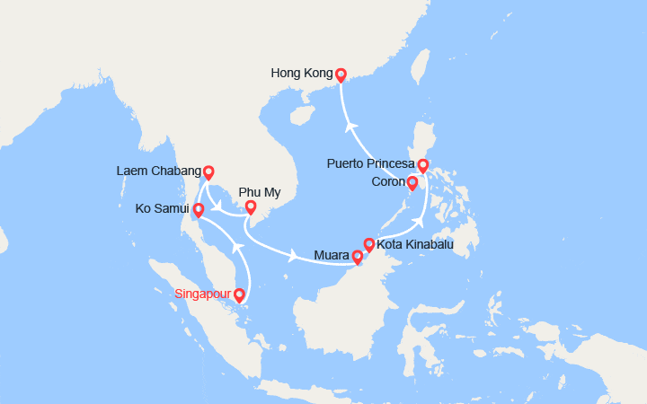 Carte itinéraire croisière De Singapour à Hong Kong : Thaïlande, Vietnam, Brunei, Malaisie, Philippines