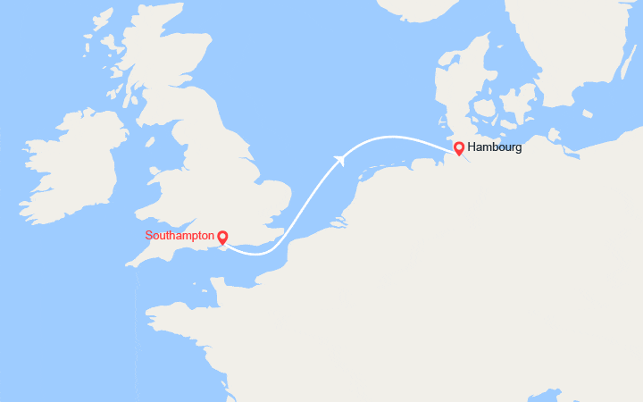Carte itinéraire croisière De Southampton à Hambourg