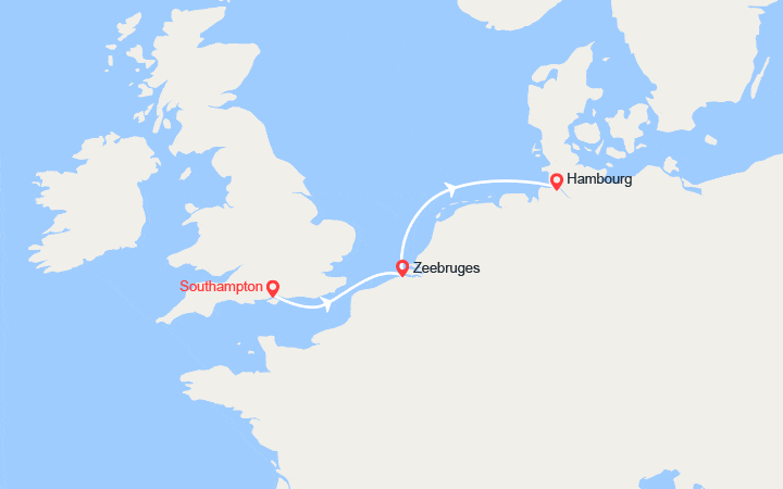 Carte itinéraire croisière De Southampton à Hambourg