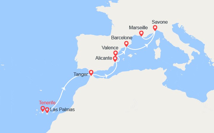 Carte itinéraire croisière De Tenerife à Marseille : Îles Canaries, Maroc, Espagne, Italie