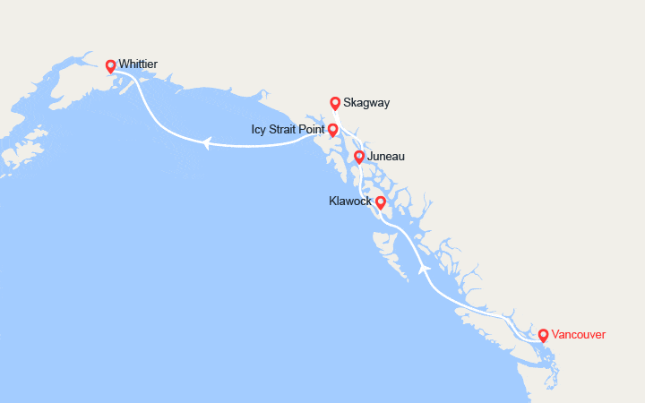 Carte itinéraire croisière De Vancouver aux glaciers d’Alaska
