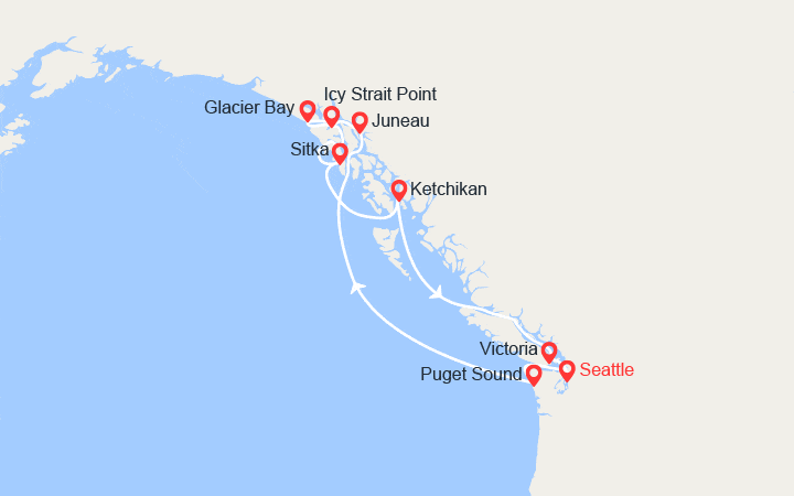 Carte itinéraire croisière Découverte Alaska : Puget Sound, Juneau, Glacier Bay, Icy Strait Point...