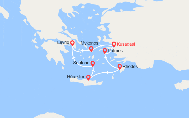 Carte itinéraire croisière Emblématiques Iles Grecques en 5 jours au départ de Kusadasi