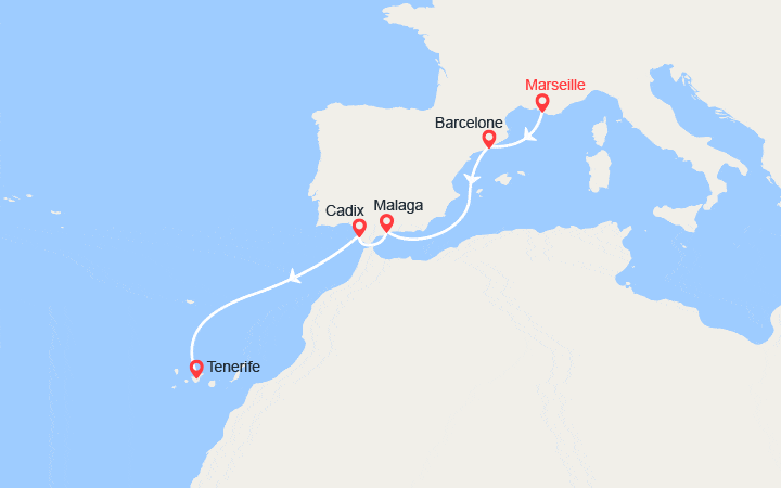 Carte itinéraire croisière Escapade en Espagne : Barcelone, Malaga, Cadix