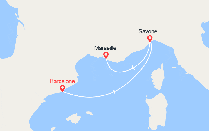 Carte itinéraire croisière Escapade en Méditarranée : de Barcelone à Marseille