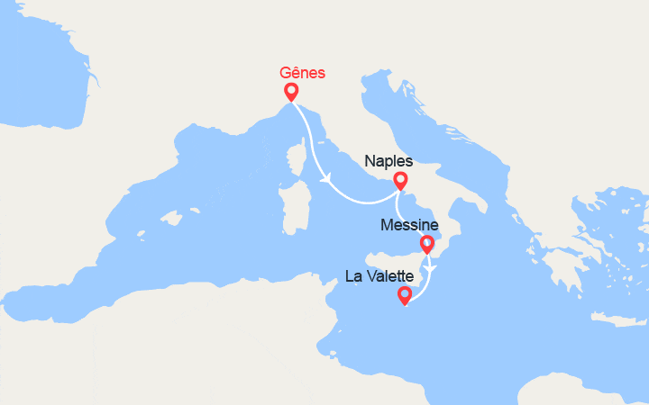Carte itinéraire croisière Escapade en Méditarranée : de Gênes à Malte