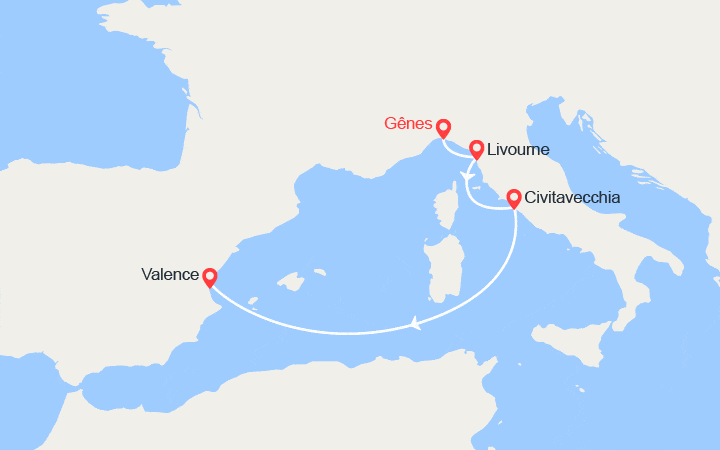 Carte itinéraire croisière Escapade en Méditerranée : de Gênes à Valence