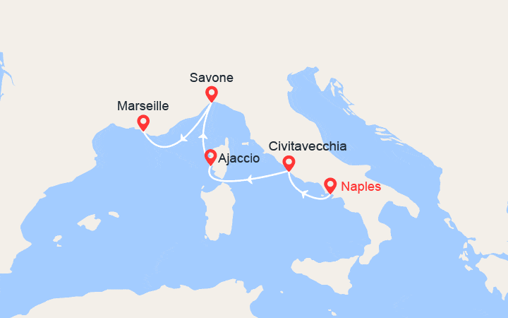 Carte itinéraire croisière Escapade en Méditerranée : Italie, Corse