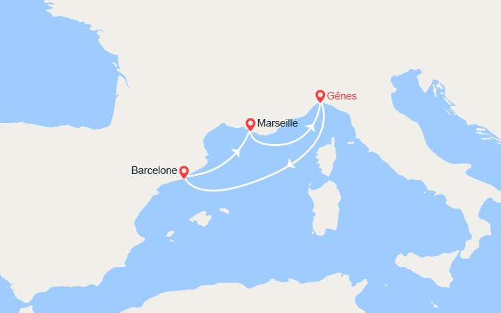 Carte itinéraire croisière Escapade en Méditerranée : Italie, Espagne, Provence