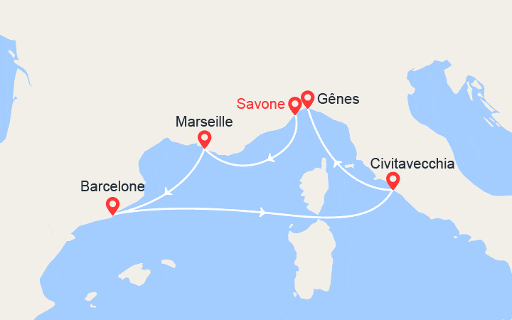 Carte itinéraire croisière Escapade en Méditerranée : Marseille, Barcelone, Rome