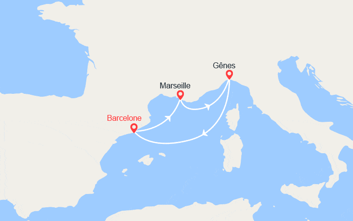 Carte itinéraire croisière Escapade en Méditerranée : Provence, Italie