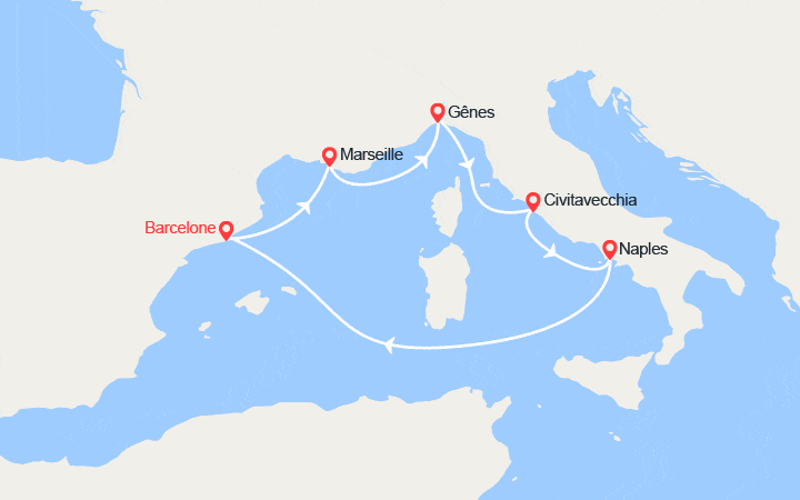 Carte itinéraire croisière Escapade en Méditerranée : Provence, Italie, Espagne