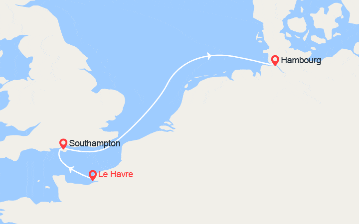 Carte itinéraire croisière Escapade en Mer du Nord: du Havre à Hambourg