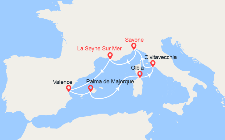 Carte itinéraire croisière Espagne, Baléares, Italie