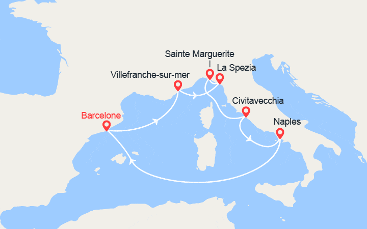 Carte itinéraire croisière Espagne, Côte d'Azur, Italie