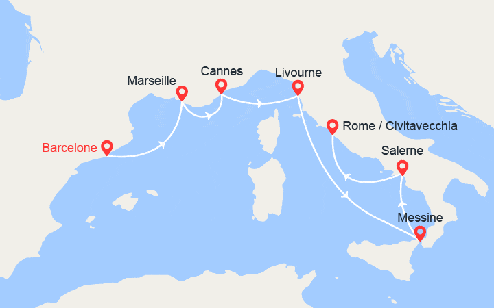 Carte itinéraire croisière Espagne, France et Italie