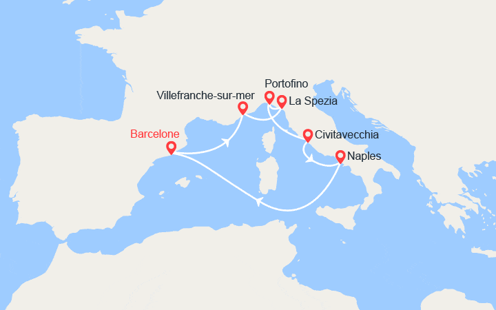 Carte itinéraire croisière Espagne, France et Italie