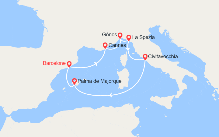 Carte itinéraire croisière Espagne, France, Italie