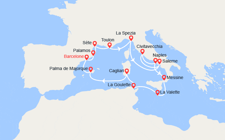 Carte itinéraire croisière Espagne, France, Italie, Malte, Tunisie