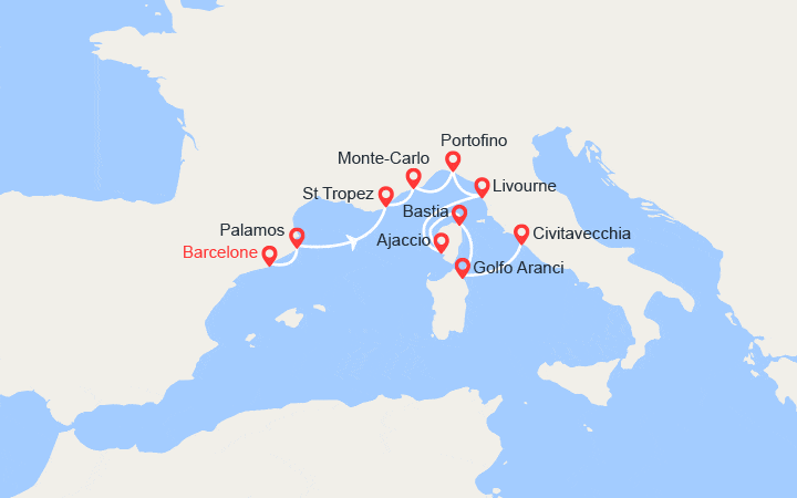 Carte itinéraire croisière Espagne, France, Monaco et Italie