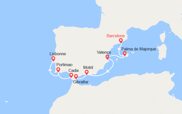 Carte itinéraire croisière Espagne, Gibraltar, Portugal