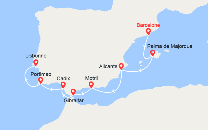 Carte itinéraire croisière Espagne, Gibraltar, Portugal
