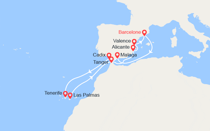 Carte itinéraire croisière Espagne, Iles Canaries, Maroc