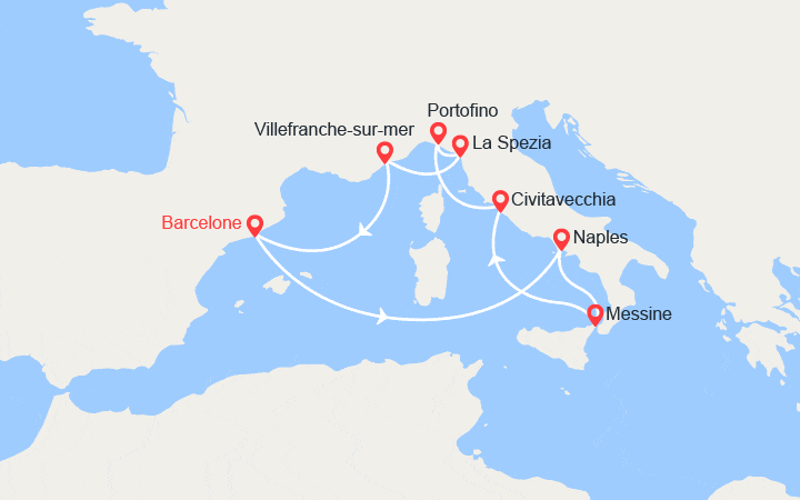 Carte itinéraire croisière Espagne, Italie, Côte d'Azur