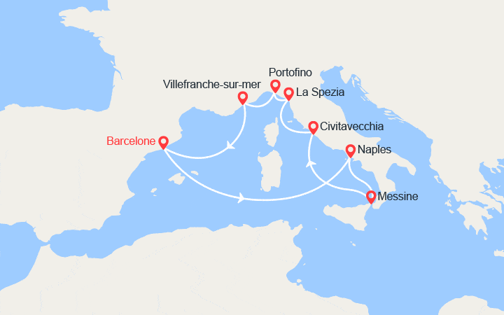 Carte itinéraire croisière Espagne, Italie et France