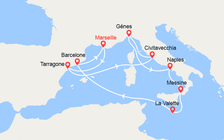 Carte itinéraire croisière Espagne, Italie, Malte