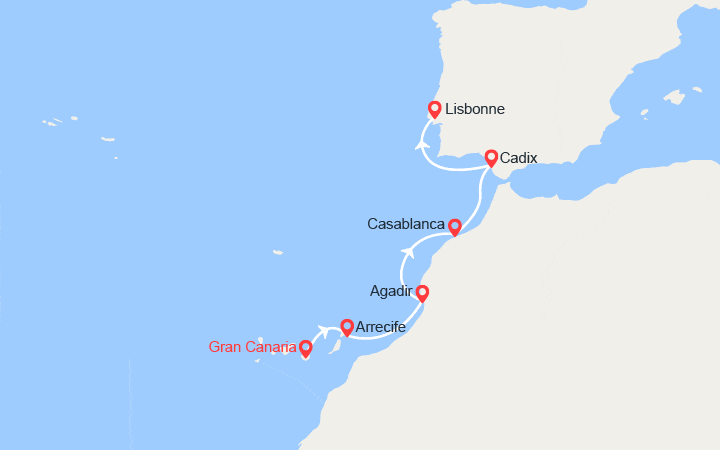 Carte itinéraire croisière Espagne, Maroc, Portugal