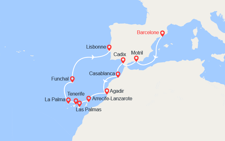 Carte itinéraire croisière Espagne, Maroc, Portugal