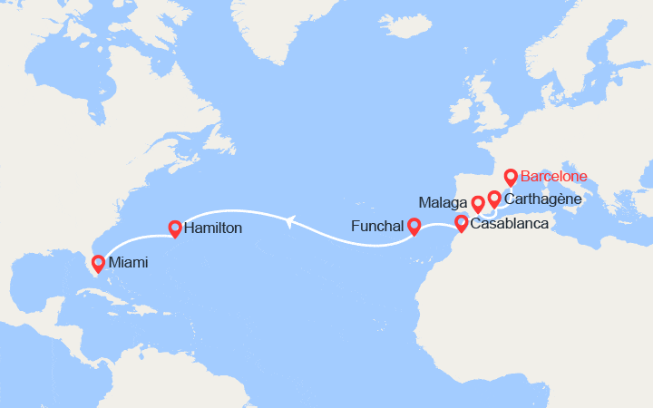 Carte itinéraire croisière Espagne, Maroc, Portugal, Bermudes, États-Unis